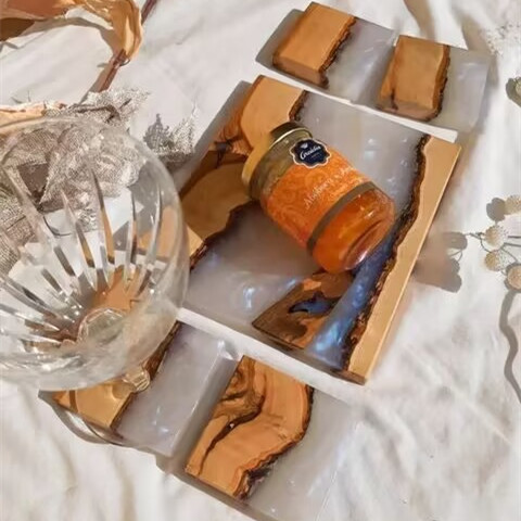 Caja de madera de resina epoxi creativa para ceremonias de té caja de madera de decoración de resina de salón caja de almacenamiento al por mayor personalizada