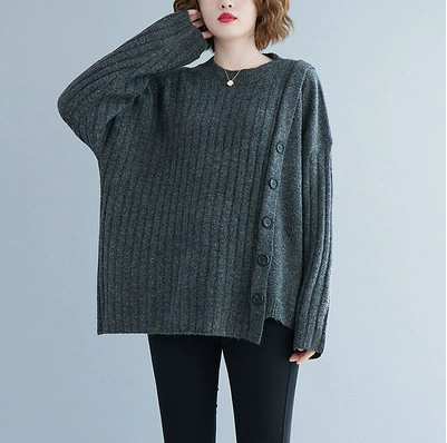 Knitted winter sweater, Korean style, round neck, plus‑size loose fit, rib knit with side buttons