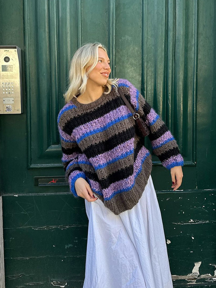 Modas de moda, temperamento relajado, suéter de punto a rayas de contraste de color para mujeres 2025, otoño y invierno, nuevo estilo transfronterizo europeo y americano image 1