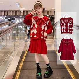 女童针织套装裙秋冬装2025新款韩版儿童女孩开衫马甲连衣裙两件套