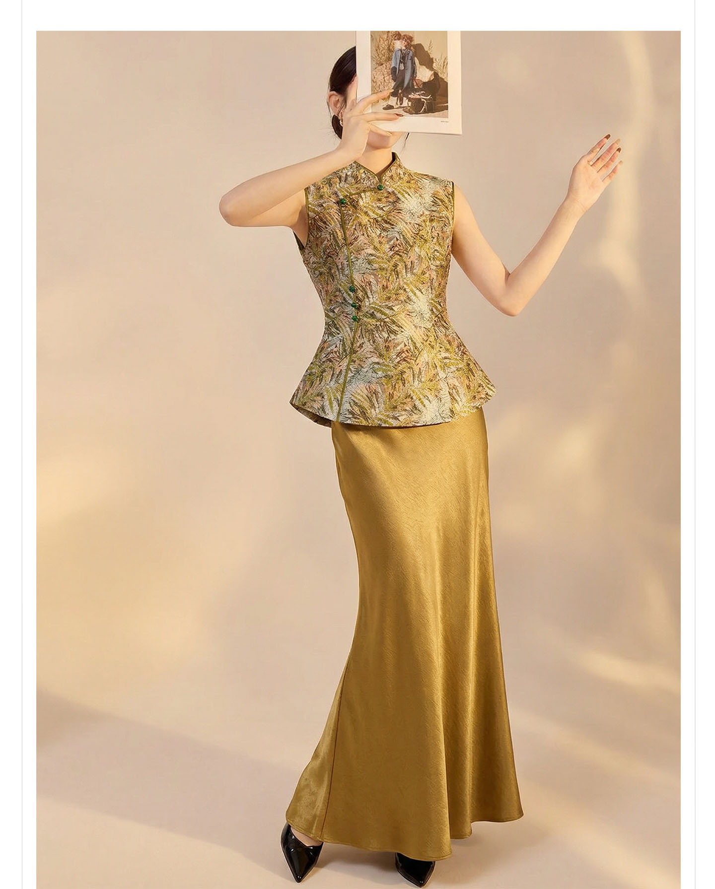 Set áo gi-lê không tay cổ đứng + chân váy midi jacquard phong cách Trung Quốc mùa hè — Màu xanh lá cây nửa váy, vàng nửa váy, Áo khoác xanh chi tiết 11