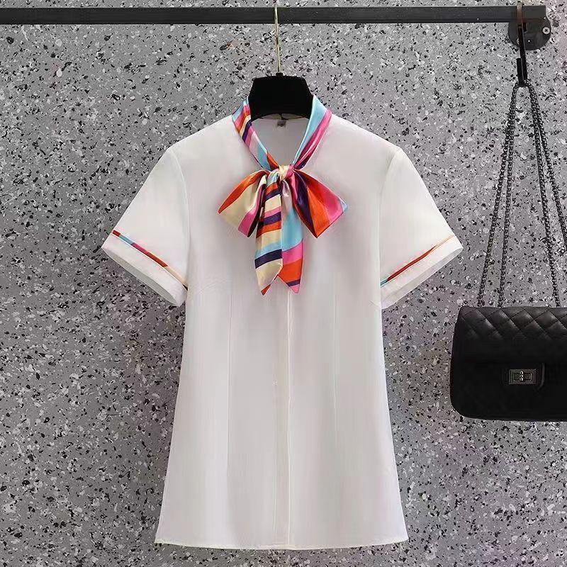 New Korean-style Blue Scarf Collar Short-sleeved Shirt Women's Shirt Professional Slim-fit Work Clothes plus size Formal Summer