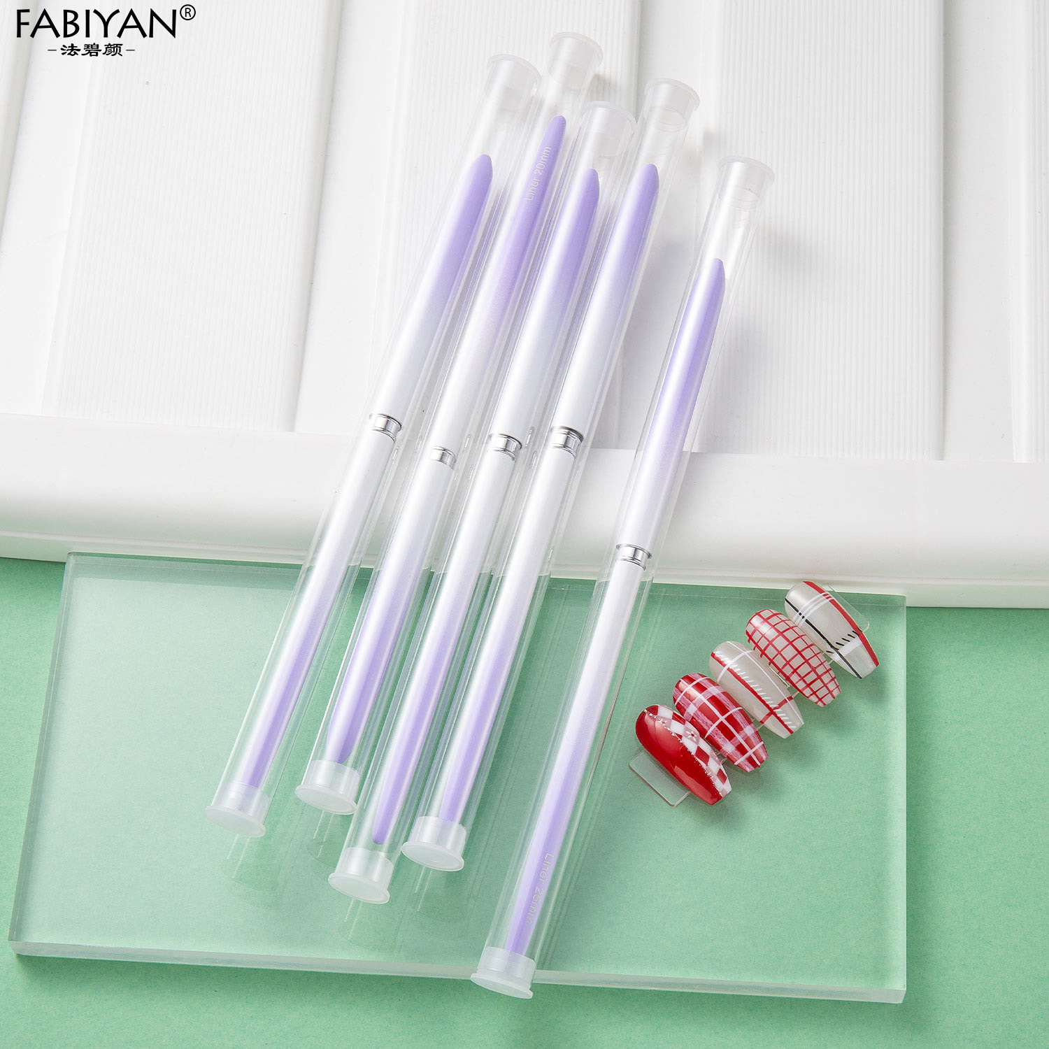 Cepillo de dibujo de lana fina a cuadros pluma de pintura degradado blanco púrpura Cruz-frontera de la pluma de dibujo de uñas traje de aguja tubo de dibujo pintado Borde de dibujo