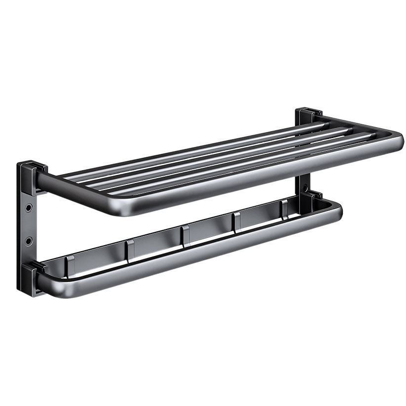 Rack de toallas negras sin perforación espacio de aluminio estantería de baño doble plegable rack de toallas de baño colgante de pared