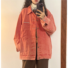 美式复古宽松水洗粉色翻领工装牛仔外套女中长款春秋刺绣夹克上衣