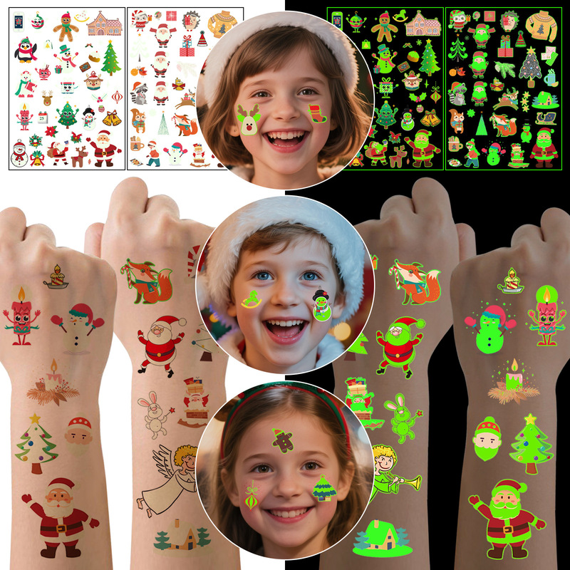 Cross-Border New Product Luminous Christmas Tattoo Stickers Children's Cartoon Activities Holiday Party Luminous Temporary Tattoo Stickers
