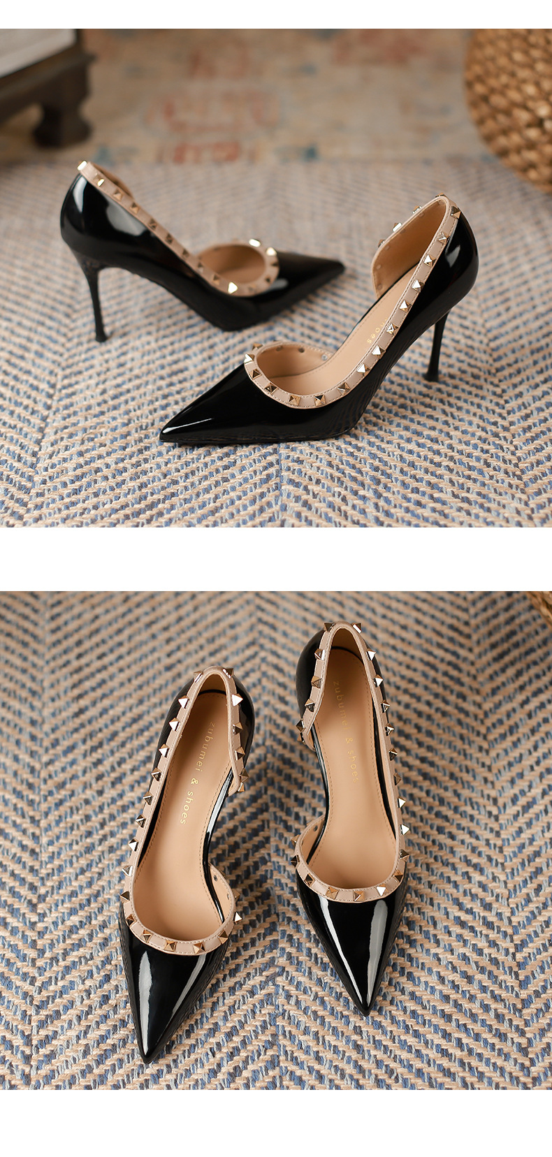 Sandal cao gót nữ mũi nhọn hở mũi đinh tán gót nhọn — Màu đen chi tiết 12
