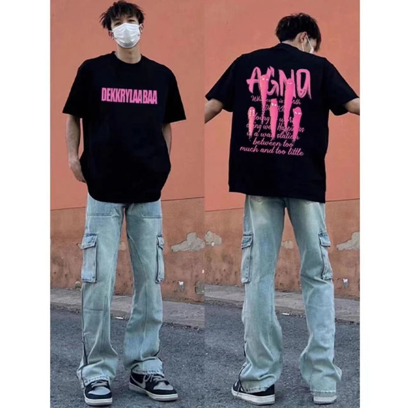 260g Street Ghost Letter Printed Short-sleeved T-shirt Men's Summer Trendy Brand Design All-match Loose Cotton Top