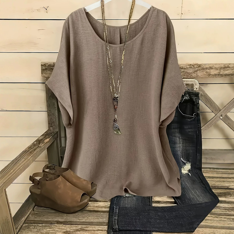 Women's Batwing Sleeve Short Sleeve Round Neck Shirt - Elegant Solid Color Non-See-Through Top, Machine Washable for Spring, Summer, and Autumn Women's Batwing Sleeve Short Sleeve Round Neck Shirt - Elegant Solid Color Non-See-Through Top, Machine Washable for Spring, Summer, and Autumn