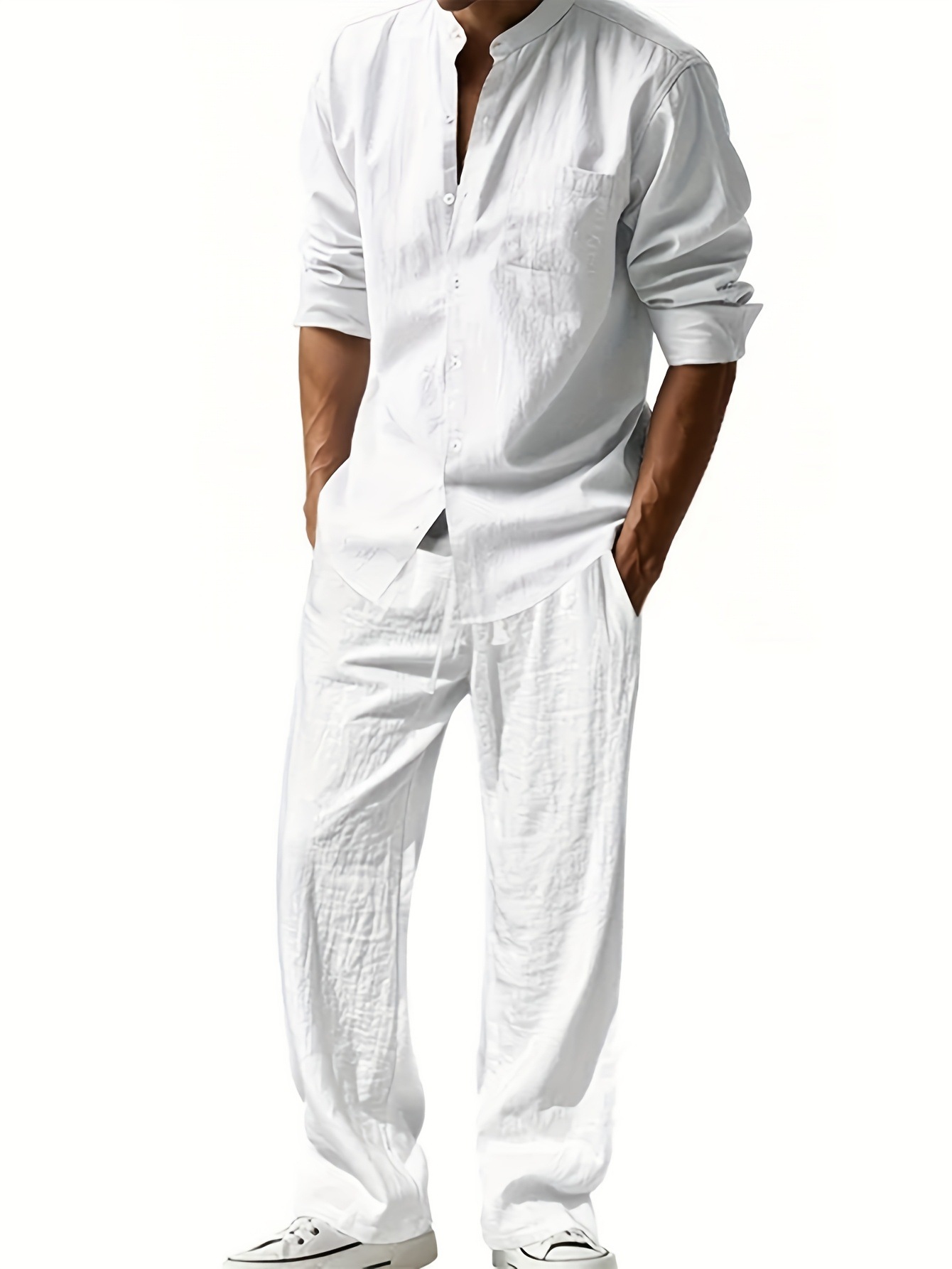 Men's Casual Linen Shirt And Trouser Set All-Season Breathable Loose Fit Long-Sleeved Versatile Cool American Style_viptrois.com