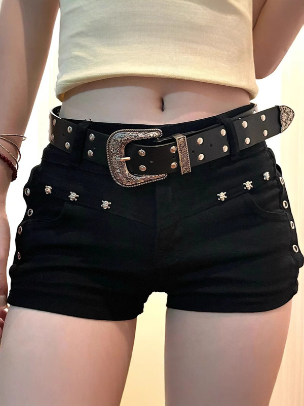 Rivet Black Sexy Waist Bag 2K Denim Ultra Shorts Women's Summer Y Low Hip 2025 Shorts Sexy American New Style