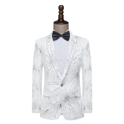 Men's jazz dance coats white sequins host singers band concert show performance blazers male adult sequins dance wedding party groomsman dress suit