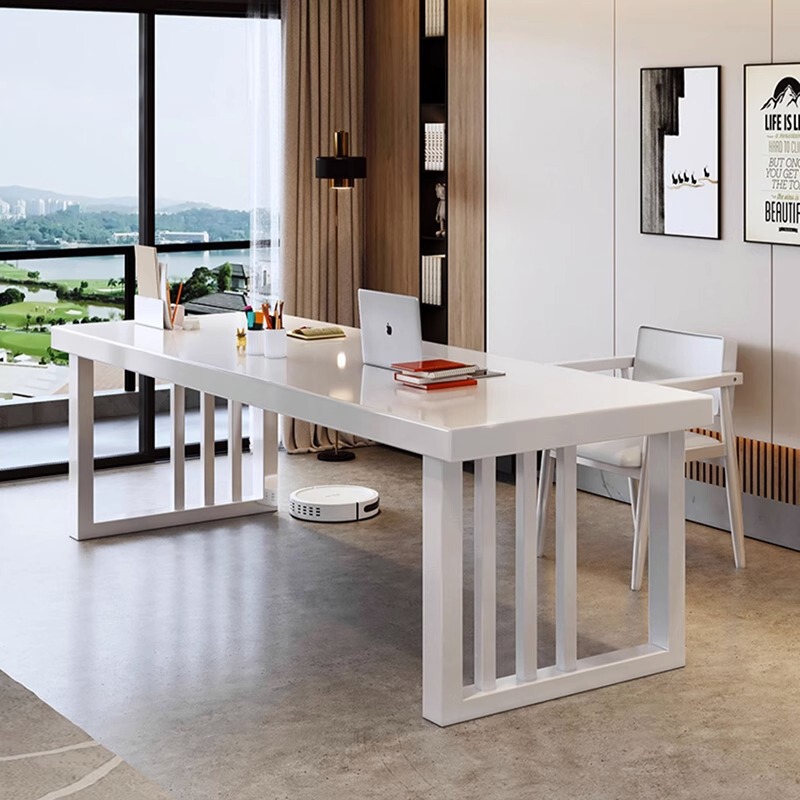 Nordic Style Wrought Iron Desk Home Solid Wood Computer Table Simple Modern Meeting Long Table White Office Study Desk
