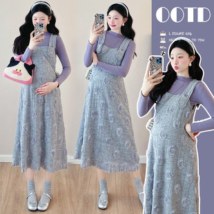 in stock Real Shot Maternity Dress Autumn and Winter Long Flower Vest Dress Fashion Age-reducing Two-piece Set