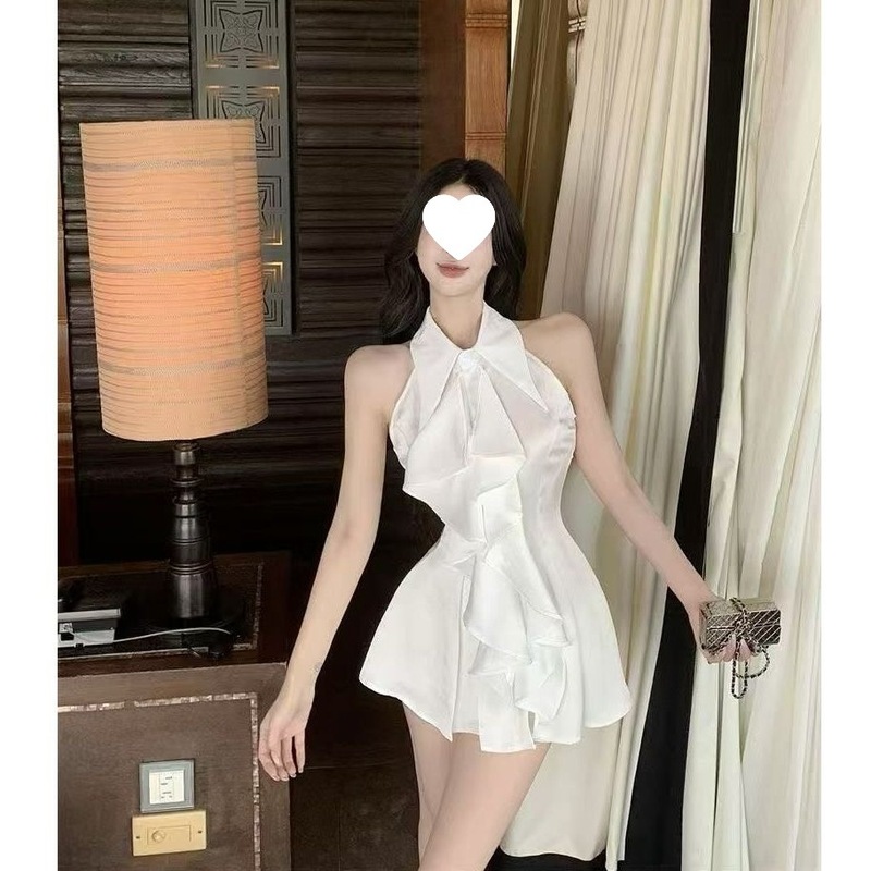 温柔风甜美荷叶边无袖衬衫上衣女夏法式气质中长款收腰修身衬衣裙|undefined