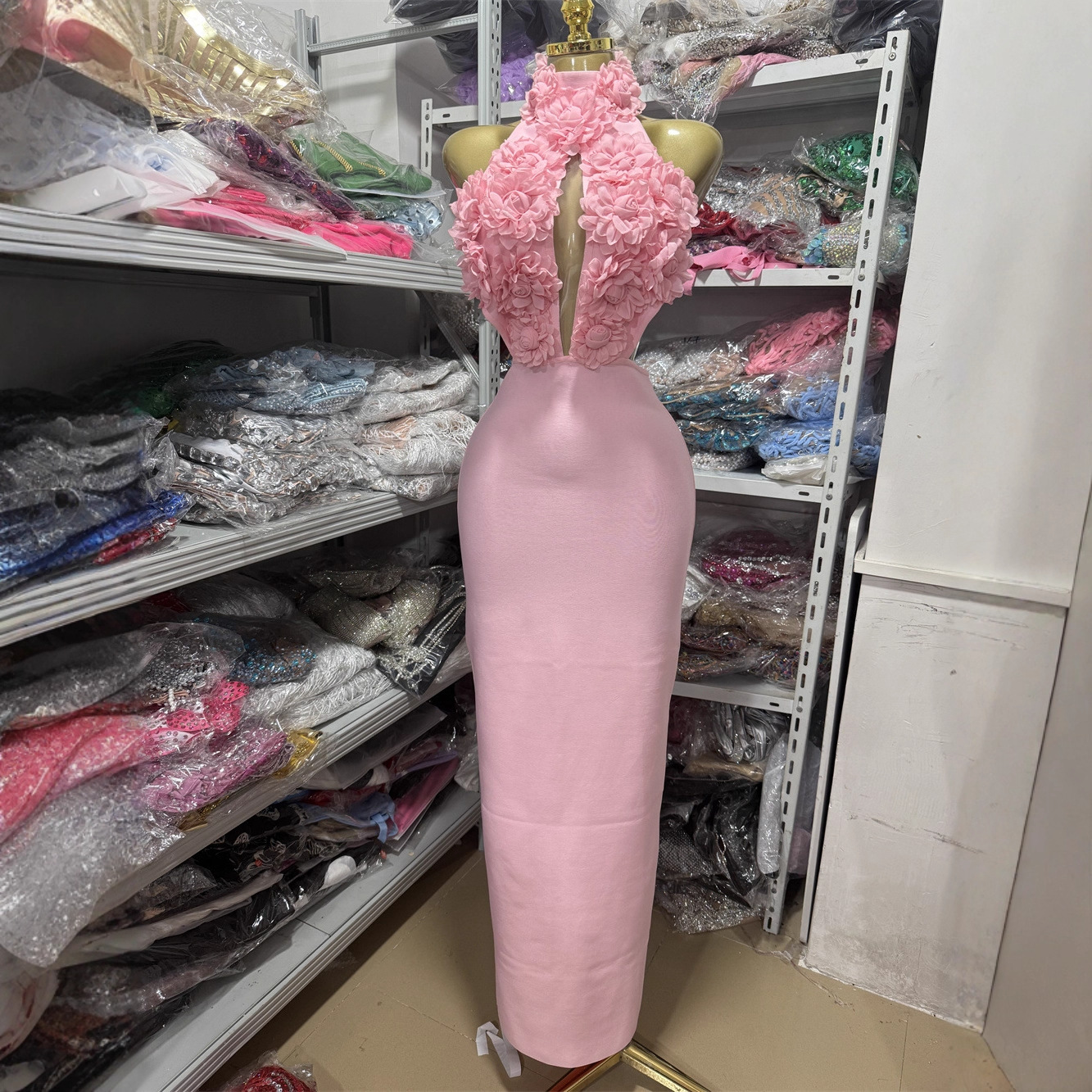 Cross-Border Bandage Skirt Sexy Halterneck Backless Flower Dress Banquet Party Club Cocktail Dress