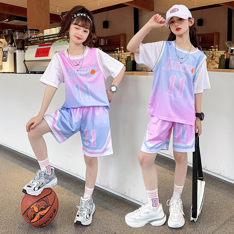 Children's Summer Girls' Basketball Uniform Set No. 11 Short-Sleeved Jersey Medium and Large Kidsren's Quick-Drying Sportswear Fake Two-Piece Kidsren's Clothing