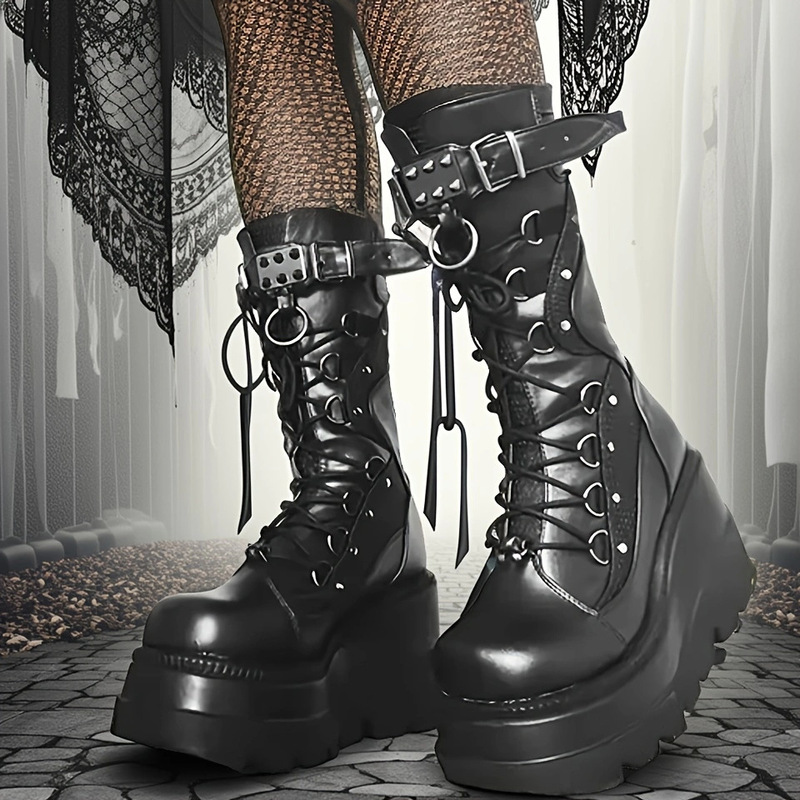 Brand New Ladies Goth Platform Boots Fashion Rivet Buckle Punk Wedge High Heels Women's Boots Party Street Cosplay Brand New Ladies Goth Platform Boots Fashion Rivet Buckle Punk Wedge High Heels Women's Boots Party Street Cosplay