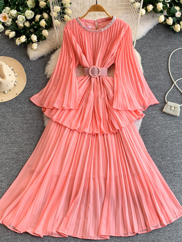 French-Style Elegant Sequined Round-Neck Long-Sleeved Dress for Women, High-End Waist-Cinching Slimming Pleated Ruffle Long Dress