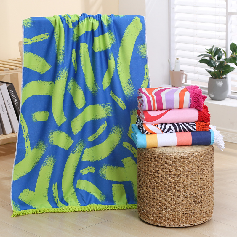 印花沙滩巾外贸定制logo超细纤维热转移印花吸水速干流苏条纹浴巾