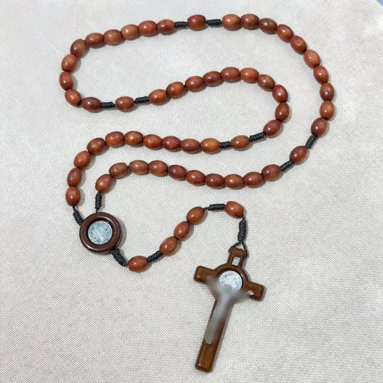 跨境新品复活节Jesus十字架项链长款木制念珠手工编织饰品配饰