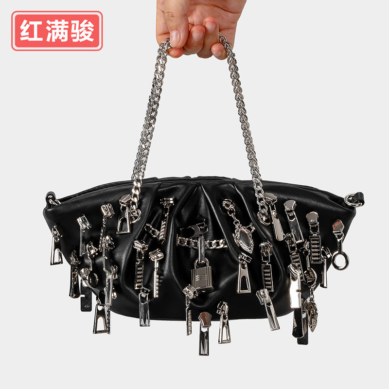 Punk Style Personality Hot Girl Black Ruffle Cloud Dumpling Bag PU Chain Shoulder Crossbody Bag Chain Bag for Women