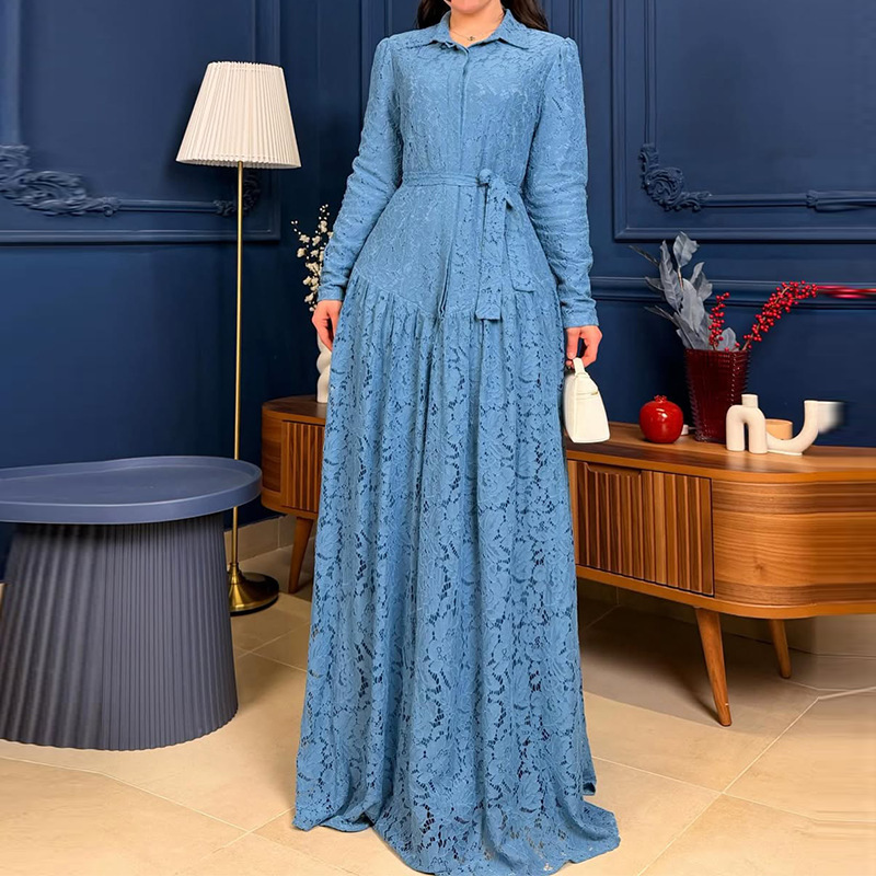 2026 New European and American Amazon Cross-Border Foreign Trade Women's Clothing Polo Collar Lace Slimming Floor-Length Dress 2026 New European and American Amazon Cross-Border Foreign Trade Women's Clothing Polo Collar Lace Slimming Floor-Length Dress