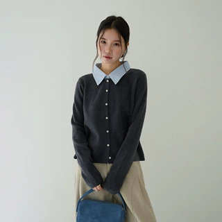 欧凡 条纹领拼接长袖针织衫女假两件显瘦百搭单排扣翻领毛衣11076