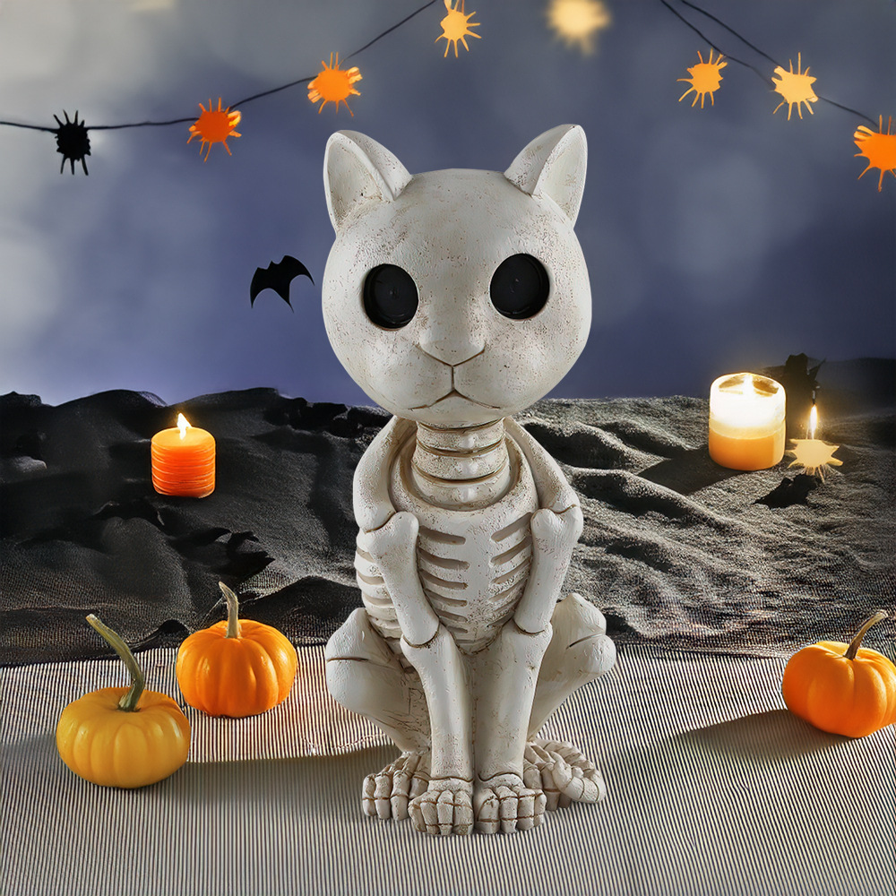  New Personality Skull Skeleton Cat Resin Ornaments Halloween Desktop Horror Atmosphere Decoration Ornaments