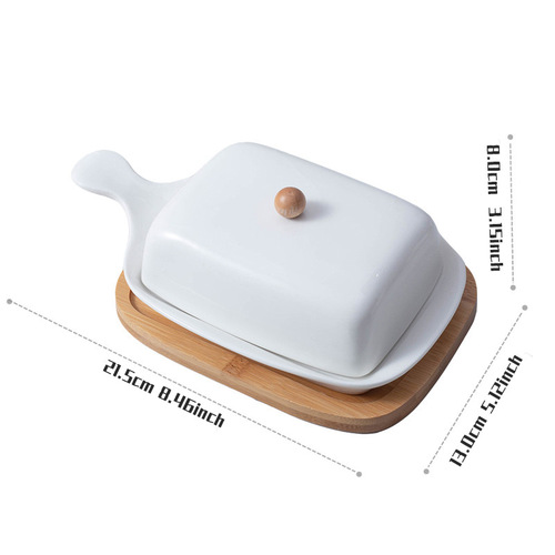 Pre-sale cross-border Amazon ceramic butter dish with bamboo wooden tray meal bag butter box simple pure rectangular butter