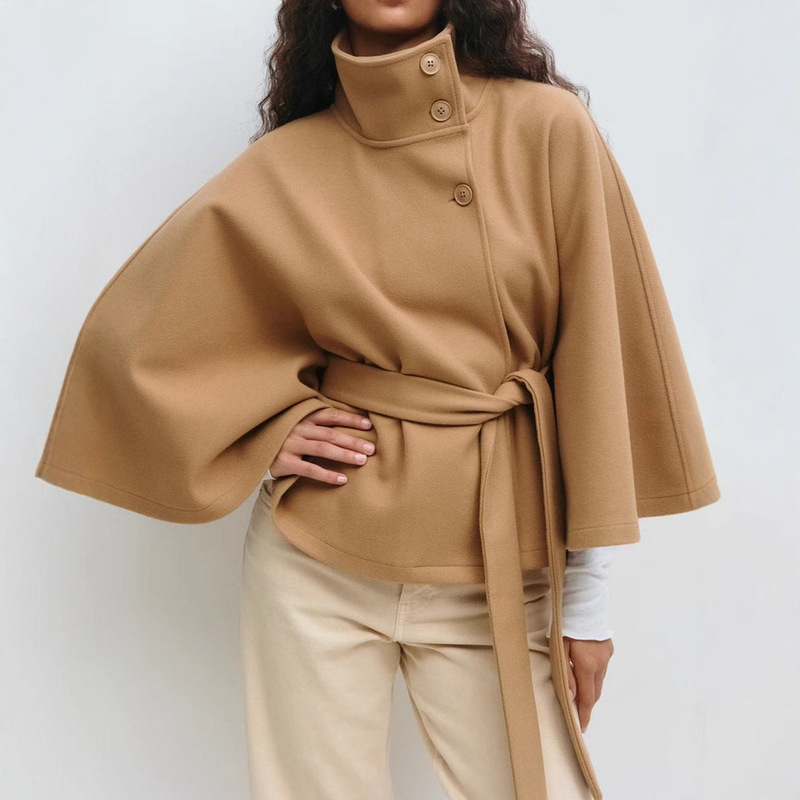 European and American Women's Autumn and Winter New Amazon Cross-Border Fashion Solid Color Cape Stand Collar Button Belt Trench Coat Jacket