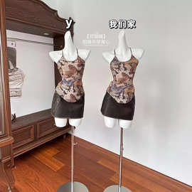 网纱拼接人棉 2024春夏新款性感甜辣网纱印花吊带背心女外穿上衣