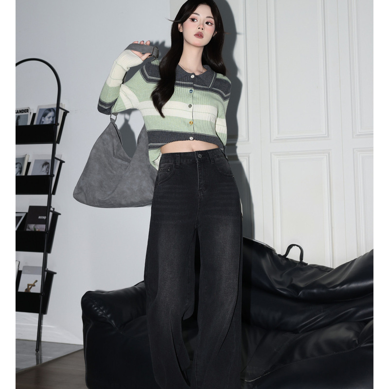 Forever 21 Versatile Black and Gray Drapey High-Waisted Wide-Leg Jeans for Women 2026 Spring Super Popular Loose Straight Pants