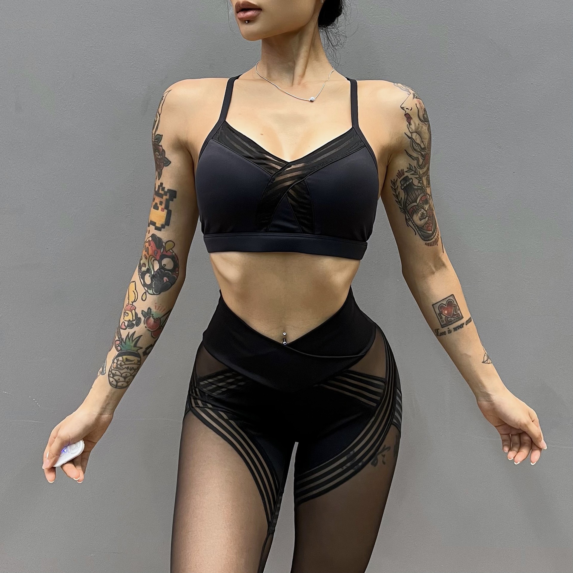 Suit! European and American cross-border mesh bra for women's fitness yoga high-waisted lace splicing tight trousers with a nude feel and breathability