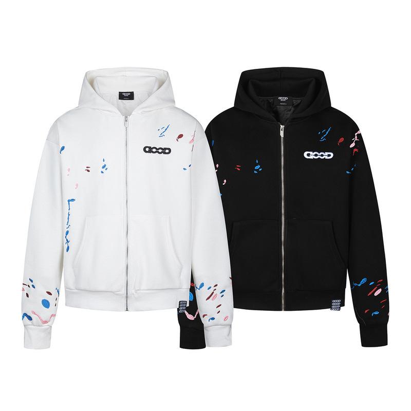 Trendy Brand Good Spring and Autumn Unisex Casual Cardigan Hooded Sweatshirt with Candy Embroidery and Splash Ink Design Versatile Hooded Jacket