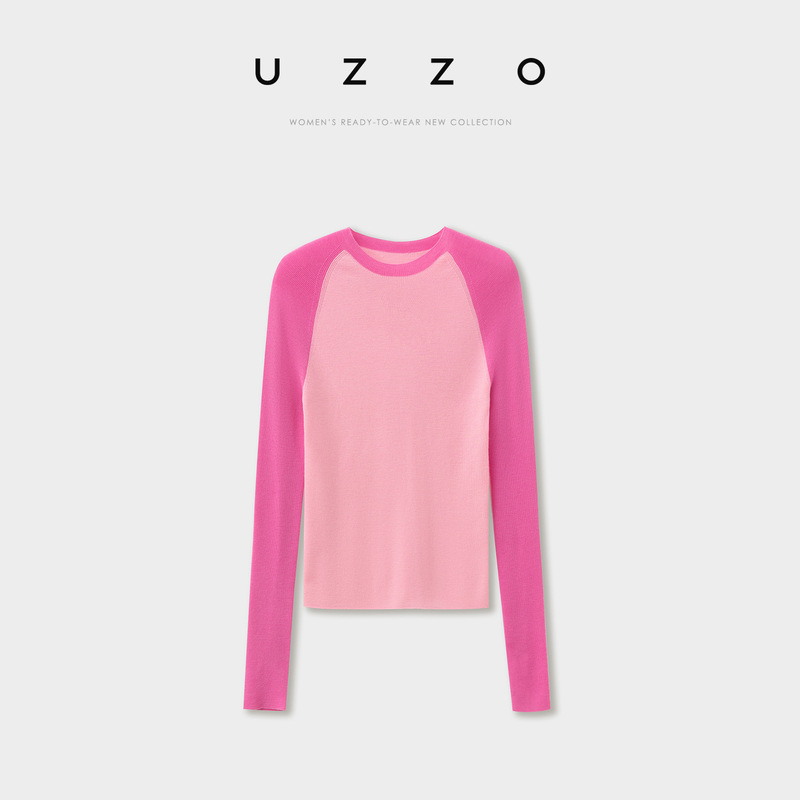 Uzzo High-Bottom Merino Worsted Wool One-Line Ready-To-Wear Contrasting Color Design Round Neck Knitted Bottoming Shirt Top for Women