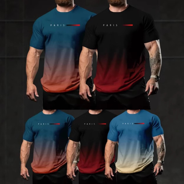 Verano nuevo estilo transfronterizo impresión 3D de manga corta para hombres estación independiente color degradado código europeo top para hombres fábrica de origen