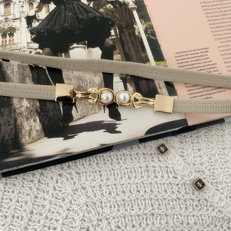 En stock cinturón negro de las mujeres Delgado elástico pequeño cinturón decoración vestido camisa perla hebilla cinturón marea