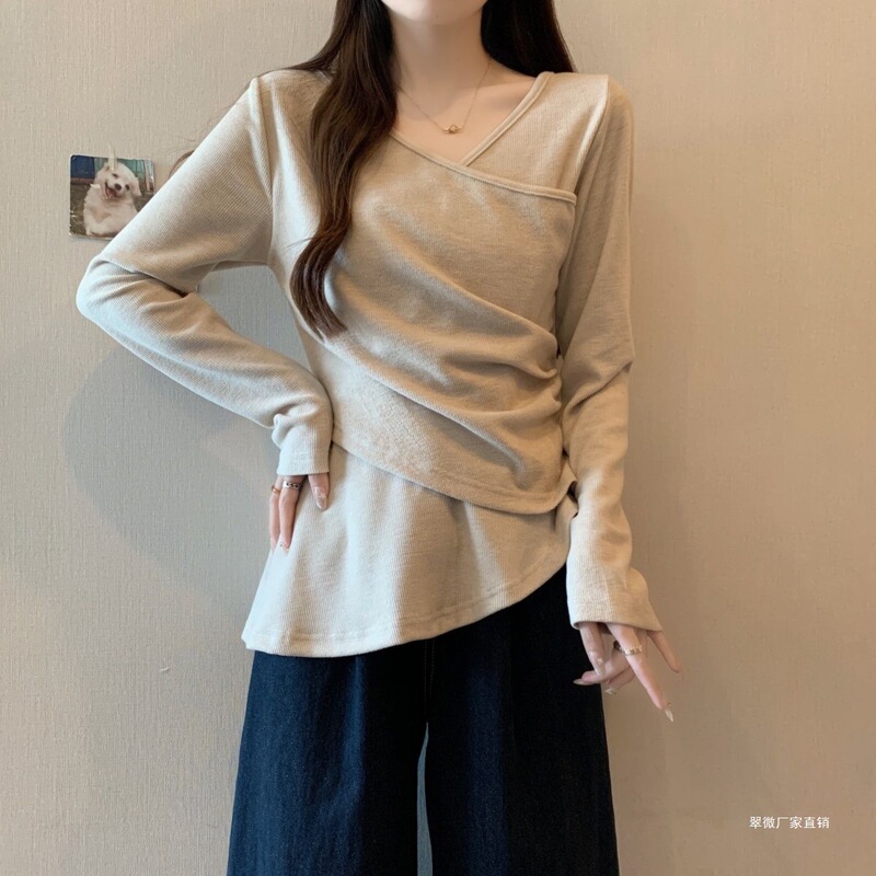Plus Size Women's Korean Style Slim Fit Irregular Fashion Collar Knitwear Design Slimming Look Long-Sleeved Shirt and a Pair of Socks
