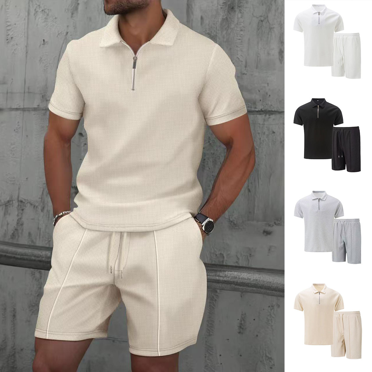 Camisas de polo, camisetas de manga corta, pantalones cortos de hombre, mitad de cremallera, con la solapa de waffle, un conjunto completo de fábrica transfronteriza de verano al por mayor