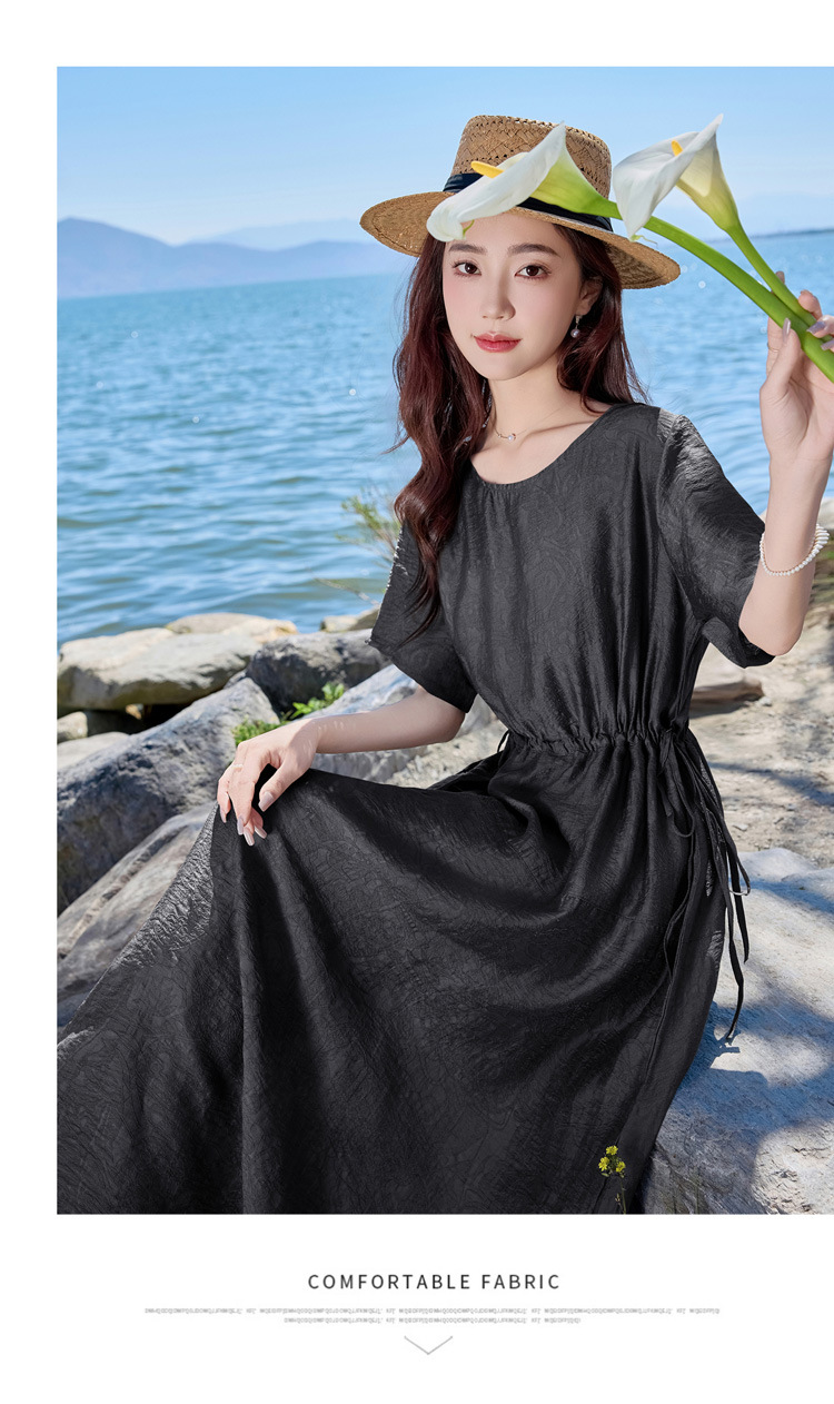 Đầm maxi nữ cổ tròn tay ngắn eo thon dáng dài — Màu đen, Màu nâu đỏ, Màu xám chi tiết 22