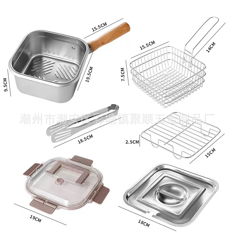 Square Fryer + [Fry Basket + Drain Rack + Clamp] Transparent Lid + Steel Lid