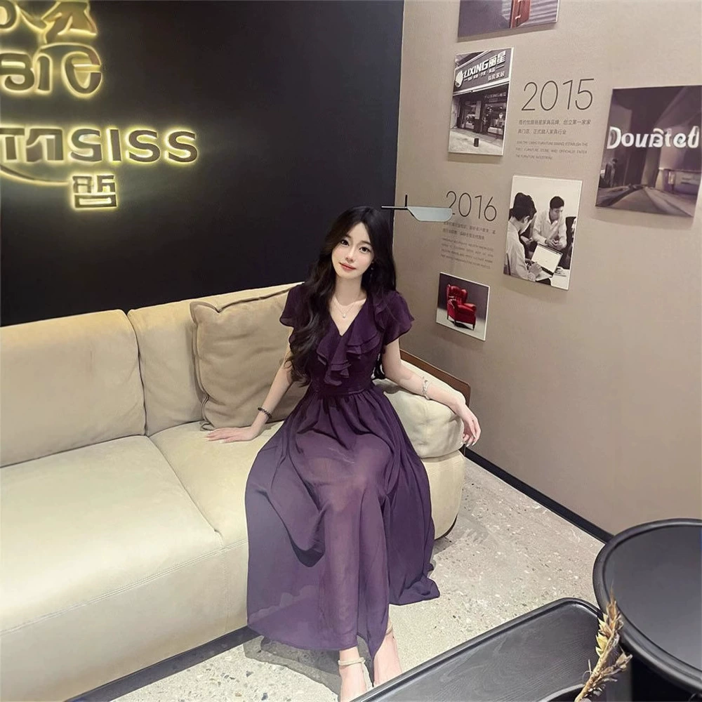 Слегка толстое фиолетовое платье больших размеров с рюшами, женское новое летнее платье для похудения талии, изысканная универсальная длинная юбка