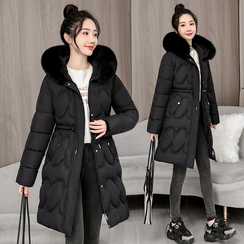Comercio exterior 2025 nuevo algodón de invierno para mujeres largo delgado con capuzas cuello de lana de gran tamaño chaqueta de algodón chaqueta de mujer
