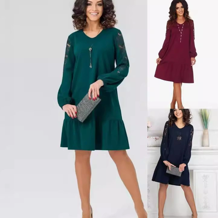 Европейская и американская женская трансграничная амазонка платье с круглым вырезом с длинными рукавами и полыми кружевными рукавами сшитое платье