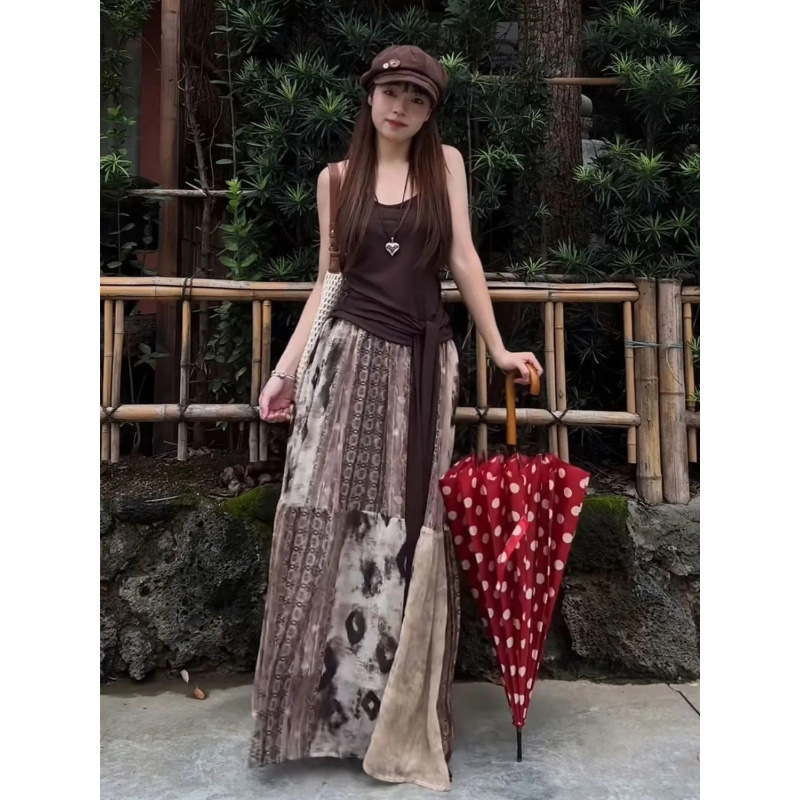 Wasteland Style Versatile Printed Sleeveless Strappy Shirt Top for Women, New Blouse, High-Waisted Skirt, Complete Set