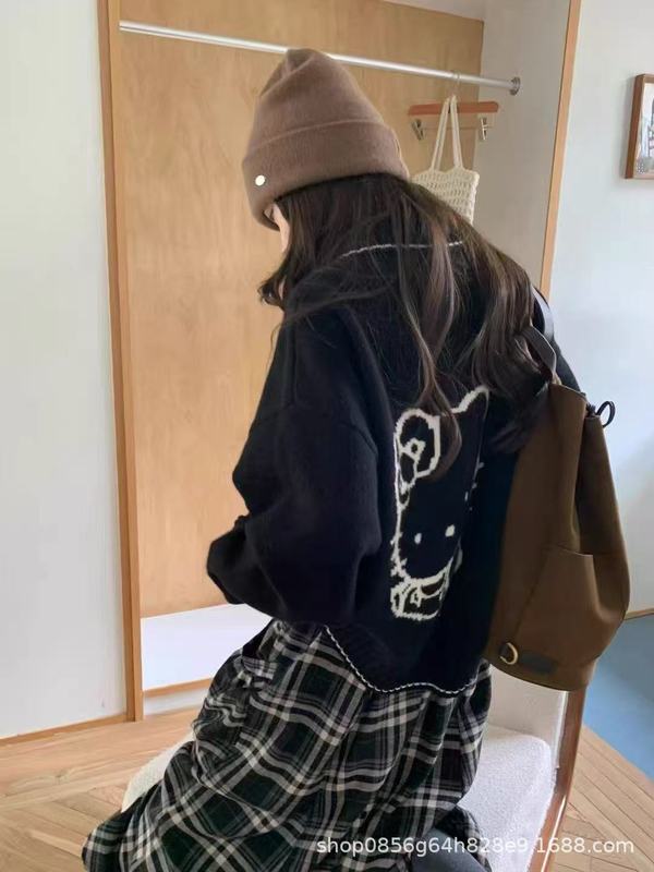 韩系2025后背提花ktiiy猫针织毛衣外套女宽松加厚可爱慵懒风开衫|undefined