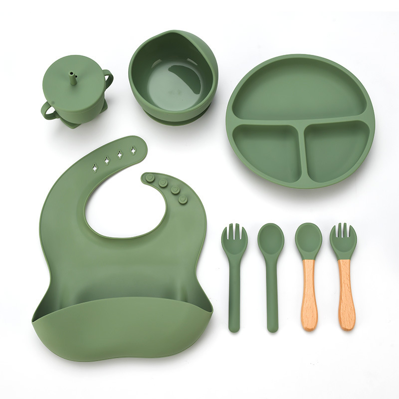 新しいベビーシリコン食器セット、8点セット、食品グレードの幼児用シリコン食器|undefined