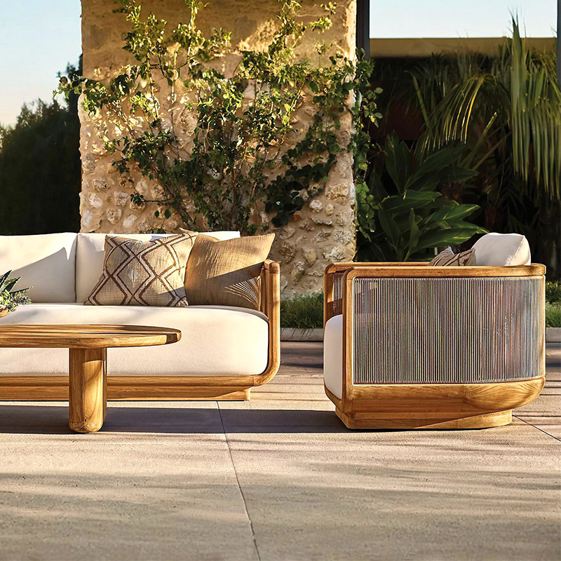 Sofá de teca al aire libre patio jardín piso aéreo vivienda impermeable anticorrosión diseñador de muebles de tela de caña al aire libre
