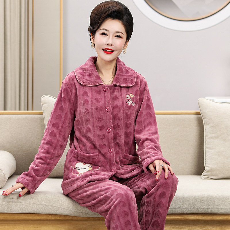 One-piece delivery winter thickened middle-aged and elderly women's flannel pajamas embroidered coral fleece plus size elderly home wear